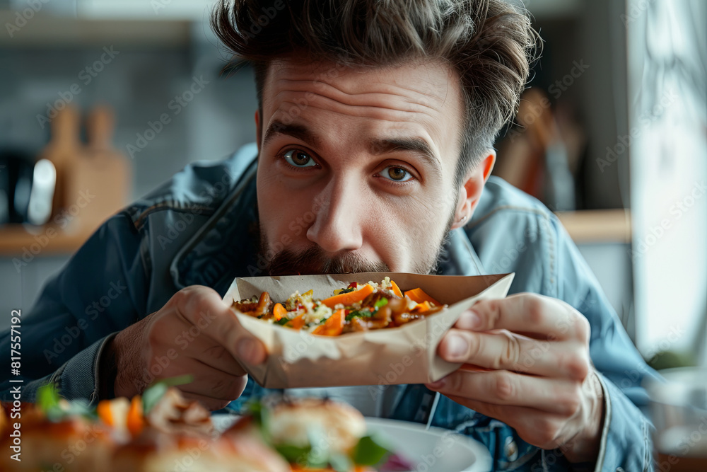 Close-up of a person enjoying a delivered slow food meal, comfortably sitting at home, with an expression of satisfaction Close-up of a person enjoying a delivered slow food meal, comfortably sitting at home, with an expression of satisfaction