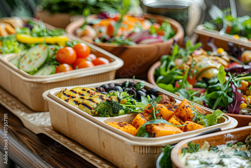 Composition of eco-friendly and compostable food containers with freshly prepared slow food dishes, highlighting healthy ingredients and curated presentations