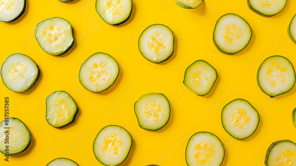 Fototapeta premium Fresh cucumber slices on yellow background