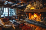 A cozy ski lodge with roaring fireplace and mugs of hot cocoa, cozy log cabin, AI generated