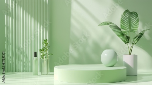 Green podium with a 3D display stage, ideal for presenting luxury cosmetics in an abstract and modern studio setting 