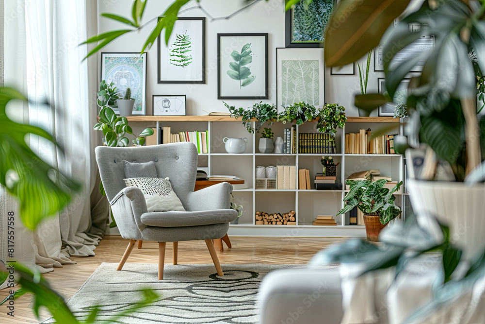 Obraz premium Cozy home office corner with a designer chair, a curated bookshelf, artistic prints on the walls, and lush plants, all in a soft color palette