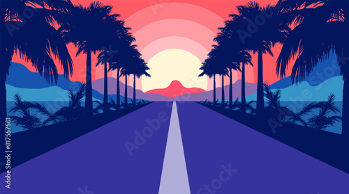 Road with palm trees and mountains in the background, flat synthwave art style. Road at sunset stretching into the distance, against the backdrop of the ocean or sea and mountains, palm trees.