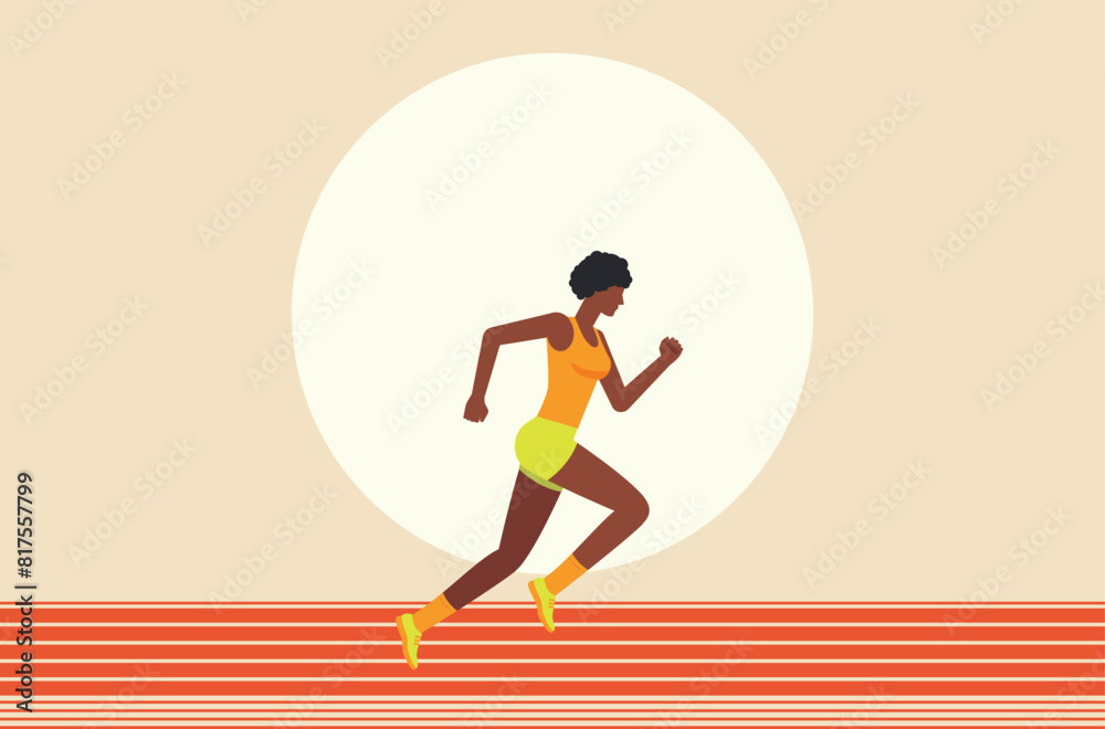 Athletic running dark skinned woman. Illustration of a dark skinned woman running in an orange tank top and green shorts. Running athlete flat design illustration
