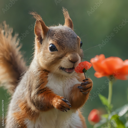 a squirrel that is holding a flower in its hand