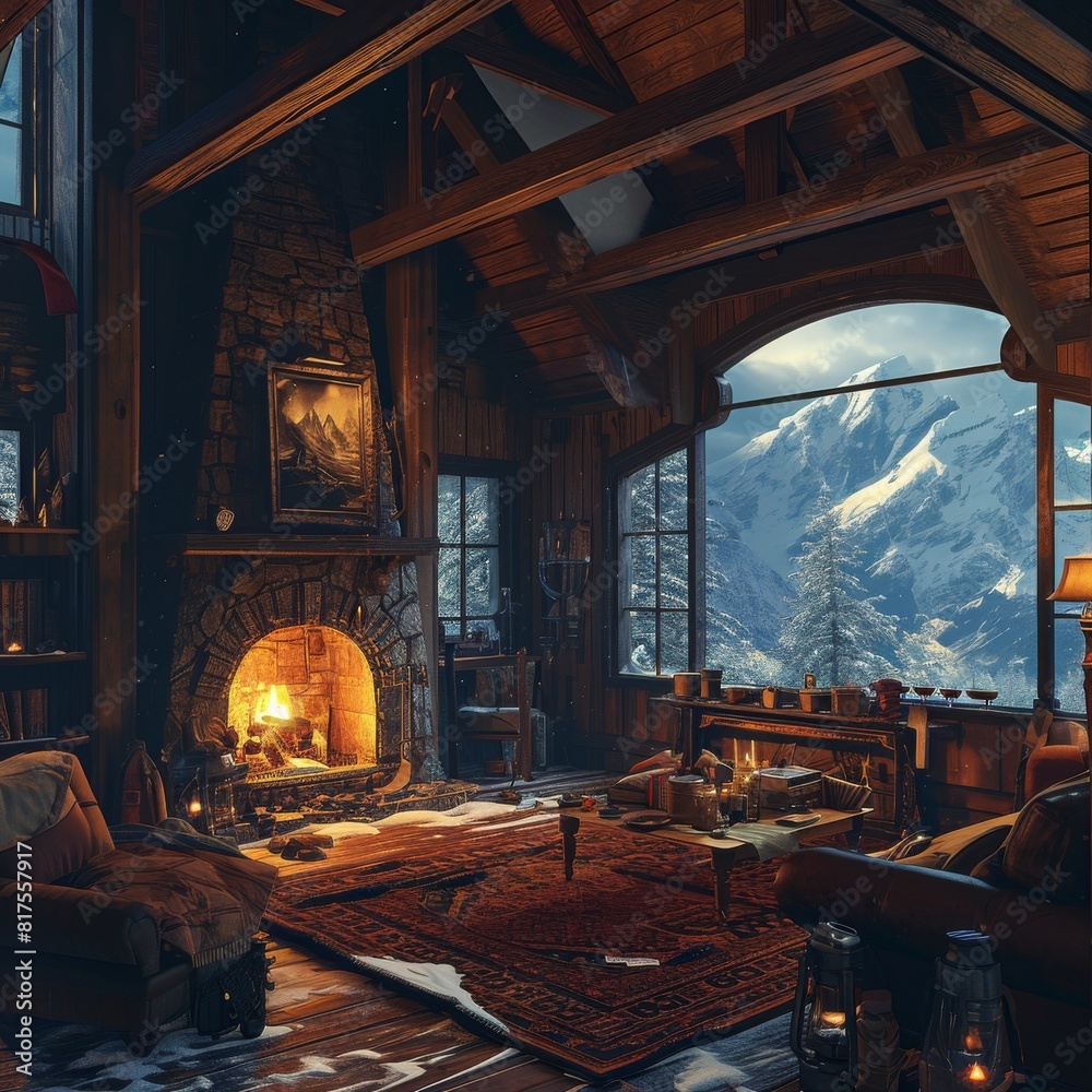 A cozy ski lodge with roaring fireplace and mugs of hot cocoa, cozy log cabin, AI generated