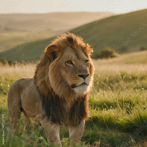 a lion standing in a field of grass with hills in the background