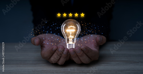 Creative solution or idea for web banner design or landing page template for creative agency with hands coming out of the screen with light bulbs and colorful abstract geometric shapes and lead lines.
