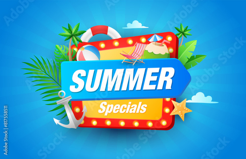 Colourful light bulb style summer board with blue background. Composition of beach chair, coconut water, ball, safety ring, anchor, starfish, tropical plant. Summer holiday sale promotion concept.
