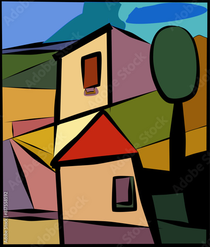 A geometrically abstract depiction of a house and its surroundings, characterized by bold colors and sharp lines. It represents a simplified and stylized landscape with a central building