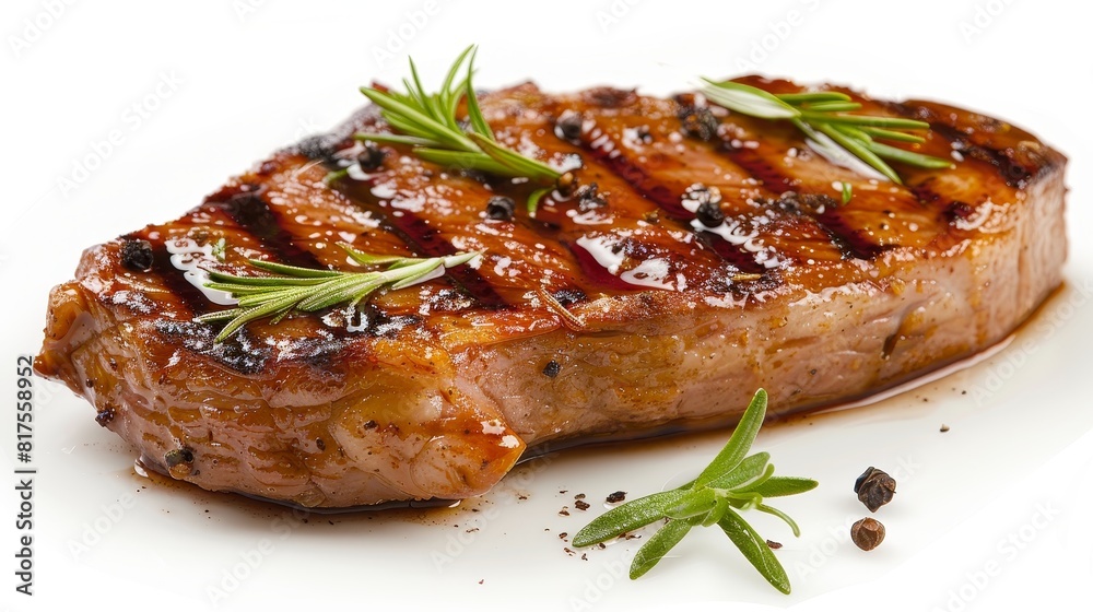 High-detail image of a gourmet pig steak, perfectly cooked and plated, emphasizing clarity and appeal for advertising, isolated setting High-detail image of a gourmet pig steak, perfectly cooked and plated, emphasizing clarity and appeal for advertising, isolated setting