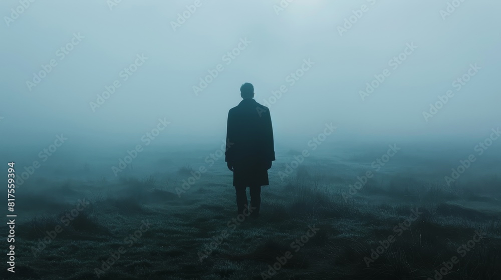 Close-up of a silhouetted man in a black coat on a foggy hillside, eerie and unsettling atmosphere, isolated in mystery Close-up of a silhouetted man in a black coat on a foggy hillside, eerie and unsettling atmosphere, isolated in mystery