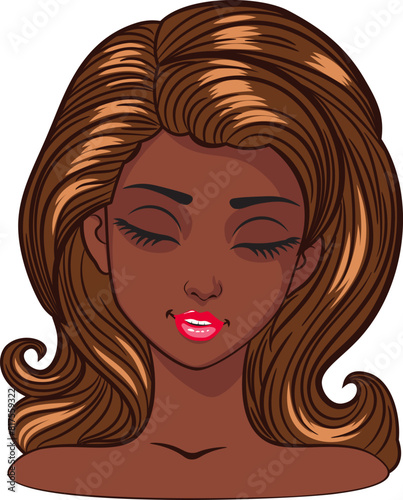 Young cartoon dark skinned woman with big closed eyes, long eyelashes and dark brown hair. Expressive girl, female avatar.