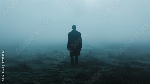 Close-up of a silhouetted man in a black coat on a foggy hillside, eerie and unsettling atmosphere, isolated in mystery