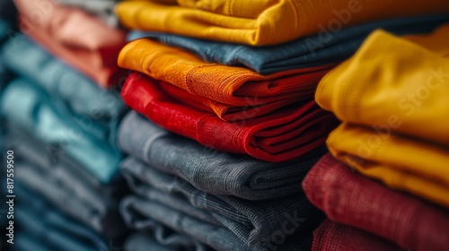 Close-up of a neatly arranged stack of multi-colored t-shirts, each fold casting soft shadows, enhancing the visual texture