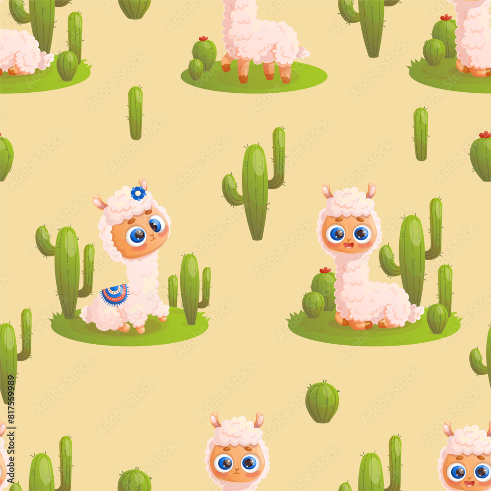 Obraz premium Seamless pattern with cute Llama alpaca on background with cactus. Vector illustration for design, wallpaper, packaging, textile. Kids collection.
