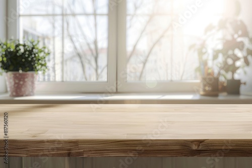 Empty wooden countertop  against blurred big bright cleah window. AI generative