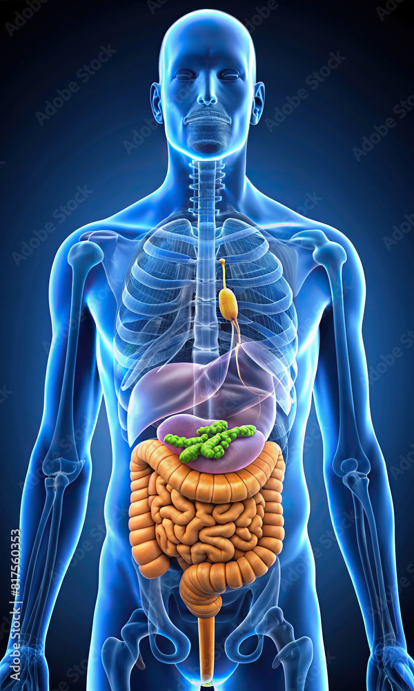 Closeup of human gallbladder with bile duct and gallstones