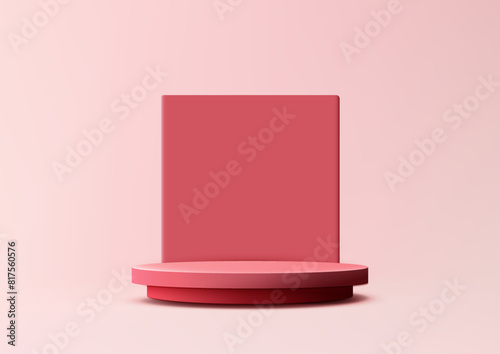 3D red podium with square backdrop on pink background, minimal concept, product display, mockup, showroom, showcase