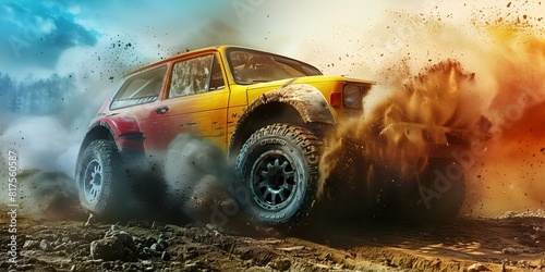 Offroad x car navigating rugged terrain, with wheels kicking up dirt. Concept Offroad Adventures, Extreme Terrain, Mud Splashes, Thrilling Rides, Rough Terrain Racing photo