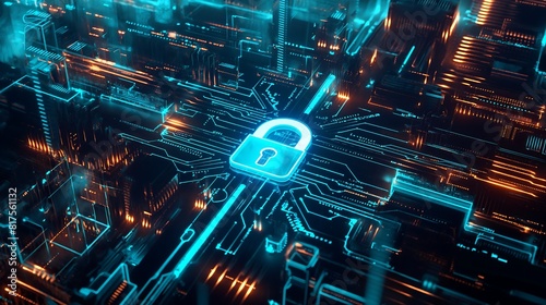 Glowing padlock on a futuristic digital circuit board representing data security