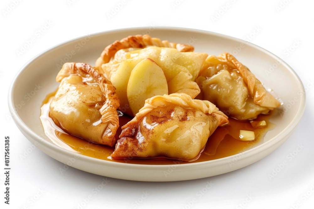 Golden-brown Apple Dumplings with Cinnamon-infused Apple Core and Caramel-like Sauce Golden-brown Apple Dumplings with Cinnamon-infused Apple Core and Caramel-like Sauce