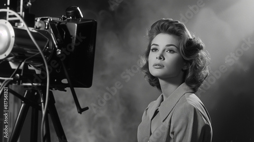 A black-and-white photo of a glamorous woman from the 1960s sitting in front of a camera for a promotional shoot. photo