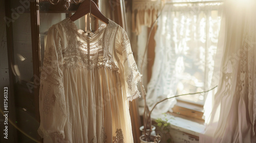 An ethereal bohemian maxi dress in flowing chiffon fabric, adorned with delicate lace trim and intricate embroidery, hanging on a vintage coat rack in a sunlit bedroom, perfect for free-spirited souls