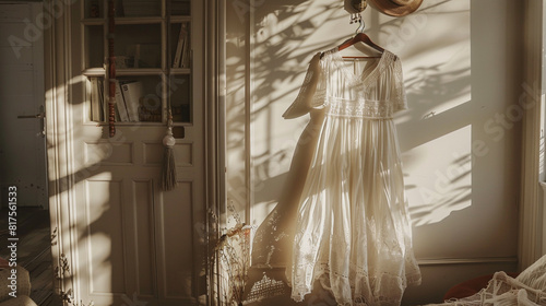 Ethereal bohemian maxi dress in flowing chiffon fabric, adorned with delicate lace trim and intricate embroidery, hanging on a vintage coat rack in a sunlit bedroom, perfect for free-spirited souls