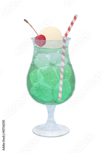 クリームソーダの水彩画イラスト