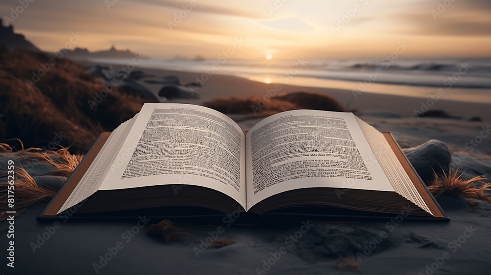 Fototapeta premium Open book on a wooden deck. 3d render. AI Generative