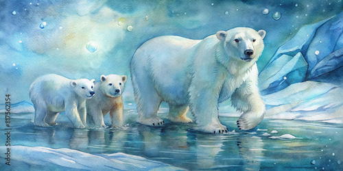 A charming family of polar bears walking on ice  depicted in watercolor.