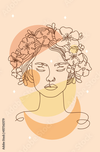 Floral feminine Illustration line drawing with abstract shapes. Woman portrait with flowers on the head  line art style.