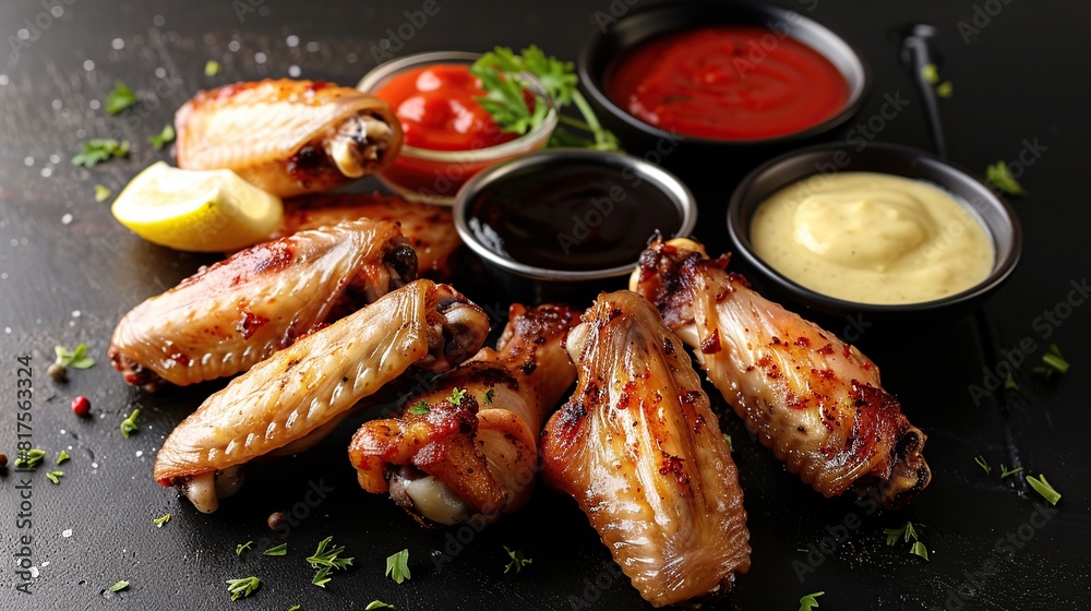 Baked chicken wings served with different sauces and lemon. Black background. AI Generative Baked chicken wings served with different sauces and lemon. Black background. AI Generative