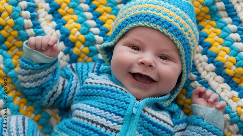 Smiling baby in a blue knitted outfit lies on a colorful knitted blanket, exuding joy and warmth in a cozy and cheerful setting Smiling baby in a blue knitted outfit lies on a colorful knitted blanket, exuding joy and warmth in a cozy and cheerful setting