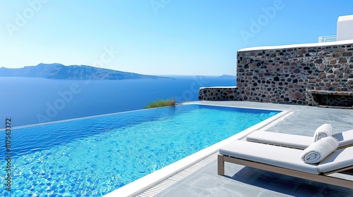 Santorinis Serene Blue Capturing the Essence of Greek Summer with Traditional Architecture Against the Aegean  photo