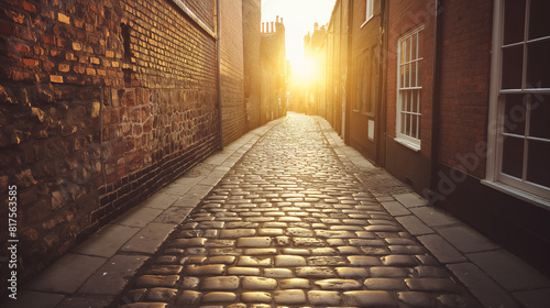 Sunlit cobblestone alleyway between brick buildings, capturing the warm glow of the setting sun, evoking a sense of history and tranquility