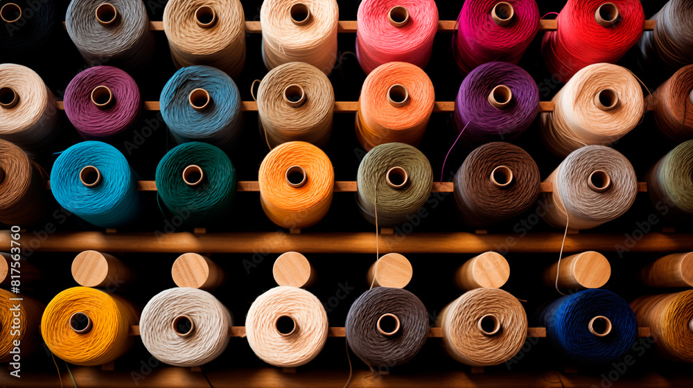 Multicolored yarn spools used in textile industry. Set of colored threads for sewing on coils. Pile of big colorful spools of thread. Colored thread spools of thread large class, textiles, background. Multicolored yarn spools used in textile industry. Set of colored threads for sewing on coils. Pile of big colorful spools of thread. Colored thread spools of thread large class, textiles, background.