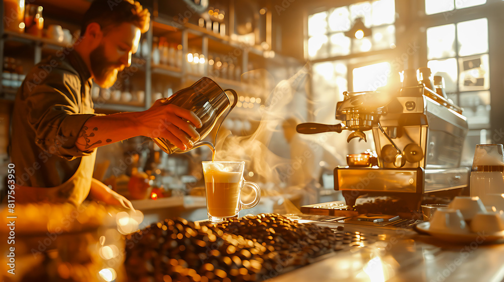 Barista making coffee in a cozy cafe at sunrise