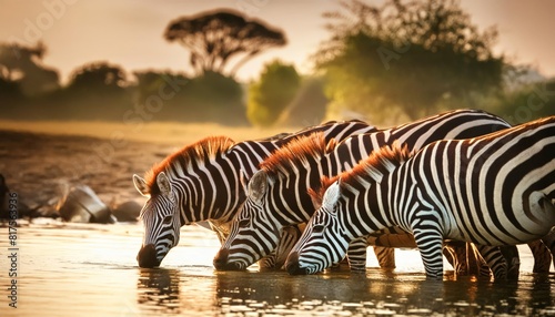 Zebras drinking water at waterhole 