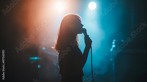 Silhouette of a Singer Performing on Stage with Colorful Lights photo