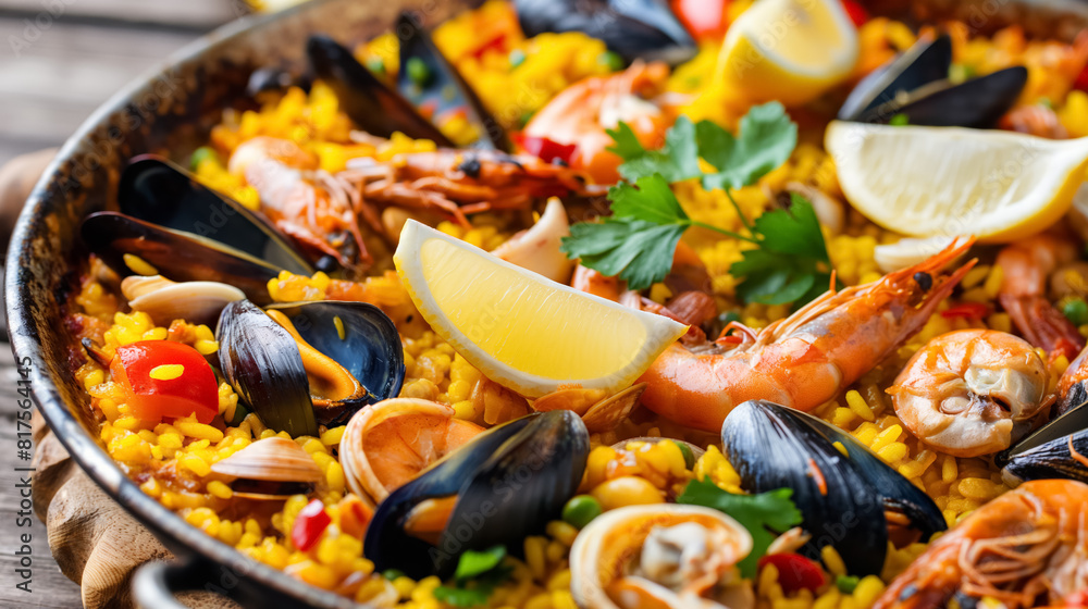 Delicious paella dish filled with seafood, including shrimp, mussels, clams, and lemon wedges, garnished with fresh herbs. Delicious paella dish filled with seafood, including shrimp, mussels, clams, and lemon wedges, garnished with fresh herbs.