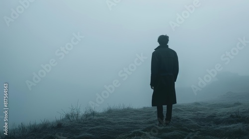 Mysterious close-up of a man in a black coat, standing silently on a foggy hillside, creating an ominous horror vibe