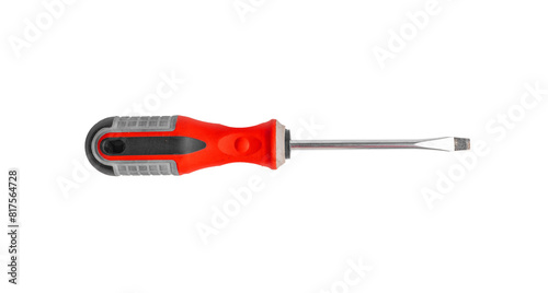 Isolated screwdriver on white background, tool with handle and head. Equipment for carpenter, builder, mechanic. Screw driver for business maintenance and repair work.