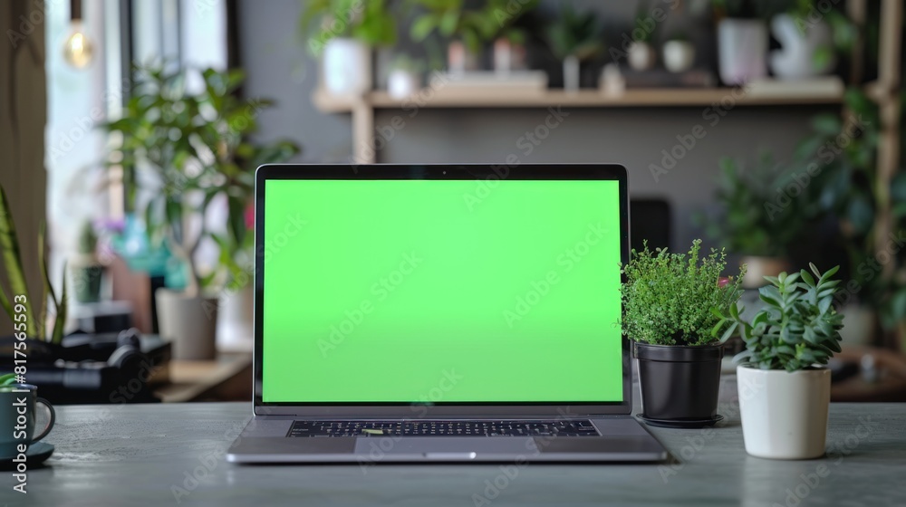 a modern laptop with a vibrant green screen, surrounded by office supplies and a steaming cup of coffee, a modern laptop with a vibrant green screen, surrounded by office supplies and a steaming cup of coffee,