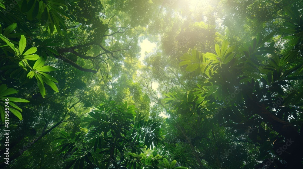 Obraz premium sunlight filtering through a verdant forest canopy, 
