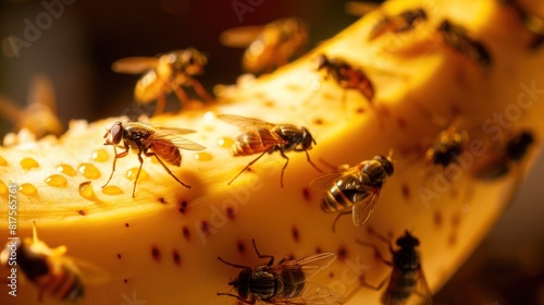 fruit fly swarm buzzing around a half-eaten banana, their tiny bodies illuminated by a warm kitchen light. 
