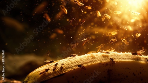 fruit fly swarm buzzing around a half-eaten banana, their tiny bodies illuminated by a warm kitchen light.  photo