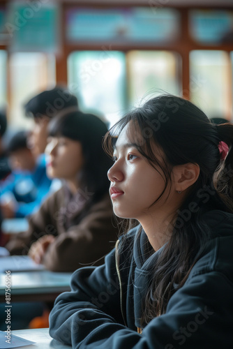 Asia high school student in classroom. Pretty girl with black hair and tied up. Teenage studying and focusing at school. Learning and school background. Side camera shot of the girl. Wearing hoodie.
