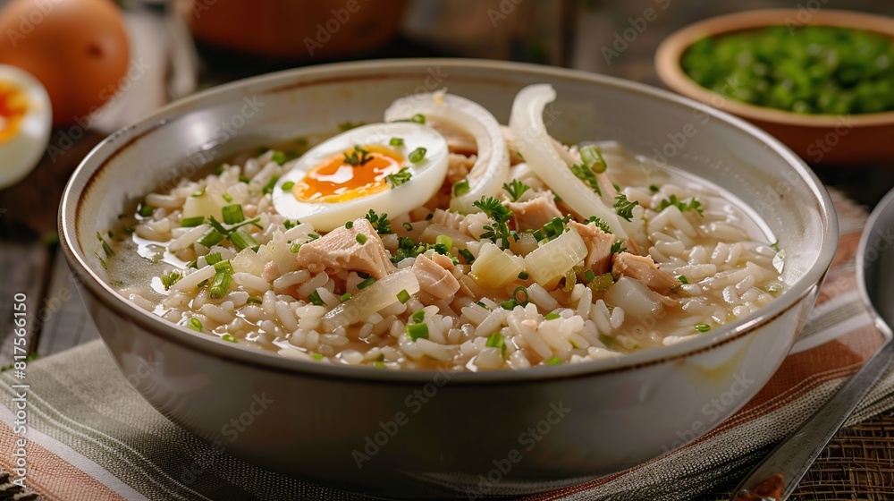 Arroz Caldo rice soup with chicken, garlic, onion and egg in a bowl. AI Generative Arroz Caldo rice soup with chicken, garlic, onion and egg in a bowl. AI Generative